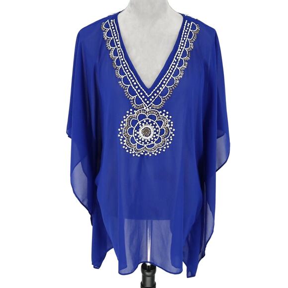 Chicos Top Womens Small Medium Blue Beaded Blouse Chiffon Lined Batwing Sleeves - Picture 1 of 13